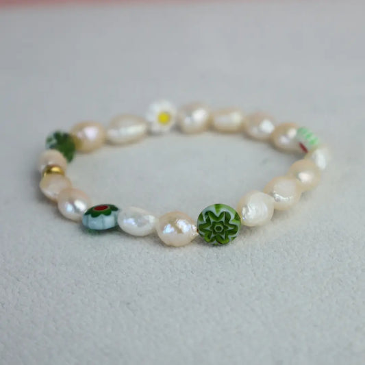 Bohemian Millefiori Bloom Handcrafted Pearl and Millefiori Bracelet - Image #1
